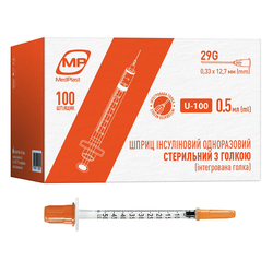 Шприц інсуліновий 0,5 мл U-100 МР MedPlast 3-компонентний з голкою 29G (0,33 x 12,7 мм), 1 шт